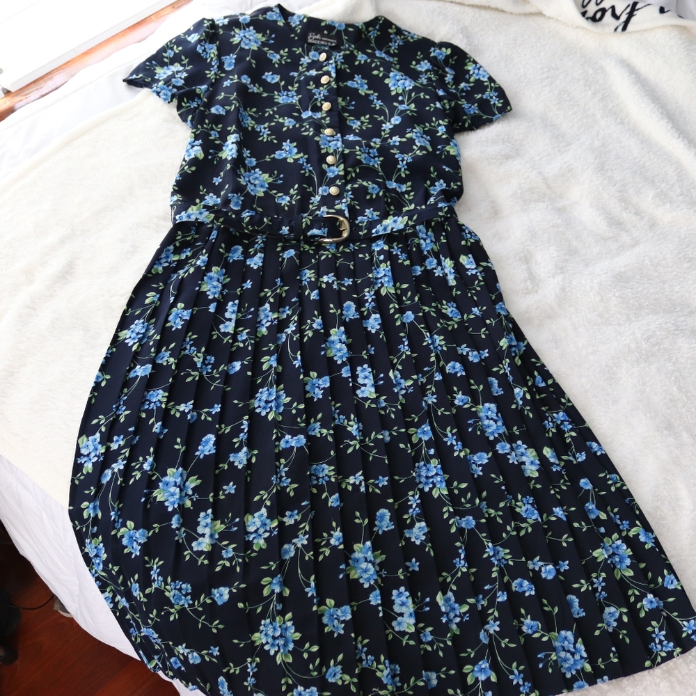 Vintage 80s Breli Originals Pleated Blue Dress